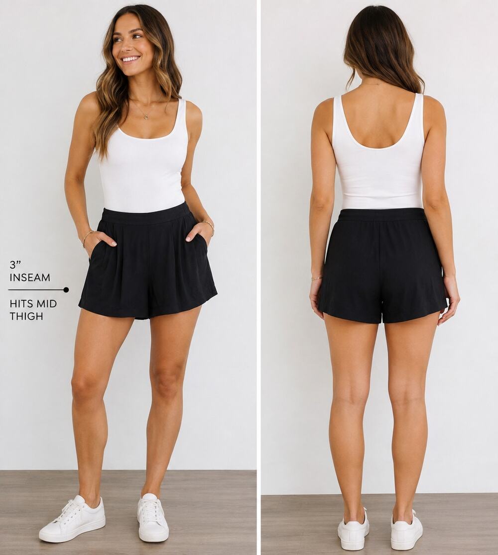 H&M Black Viscose Pull On Shorts Womens 12 Elastic Waist Pleated Pockets EUC